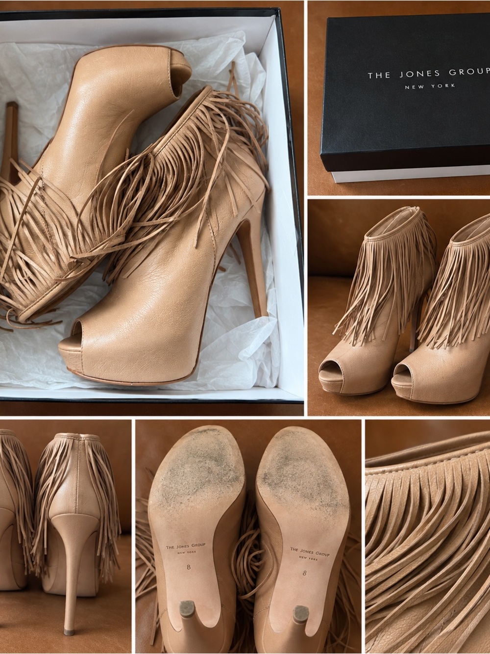 Nine West Tan Fringe Peep-Toe Stiletto Booties